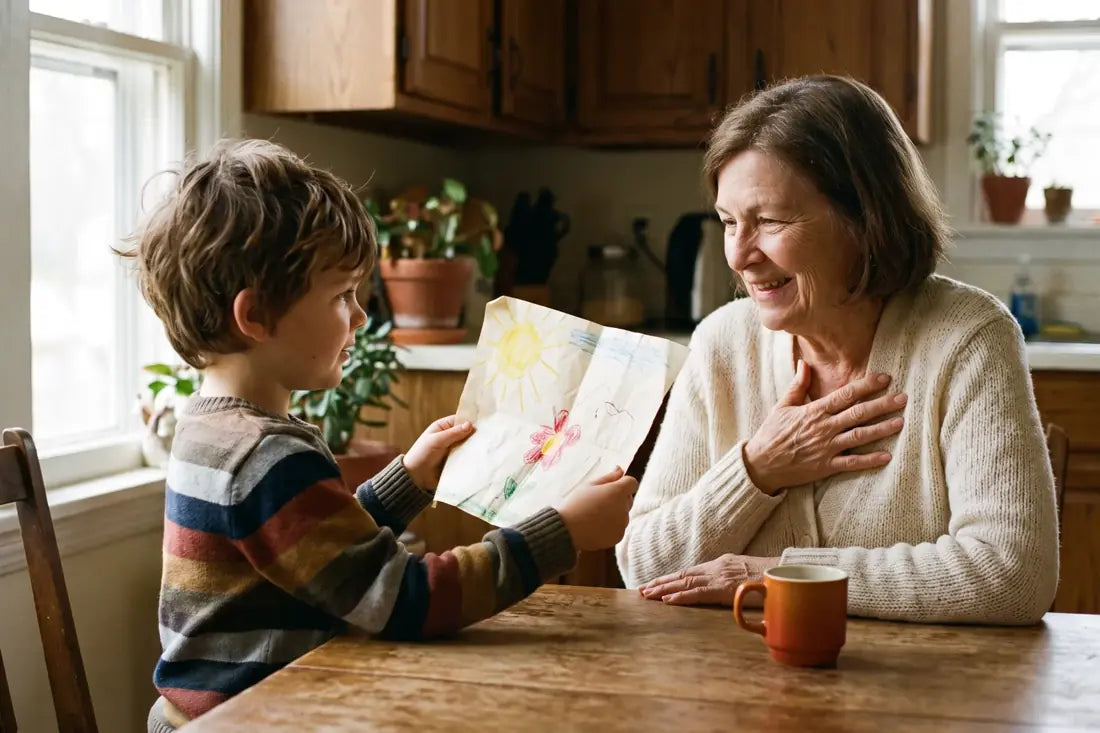 A grandmother smiling at a drawing her grandson made