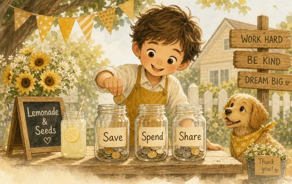 A boy dropping a coin into jars labelled Save, Spend and Share