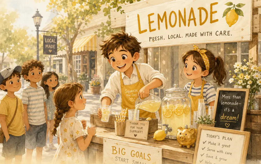Kids at a lemonade stand with a sign that says Big goals, start small